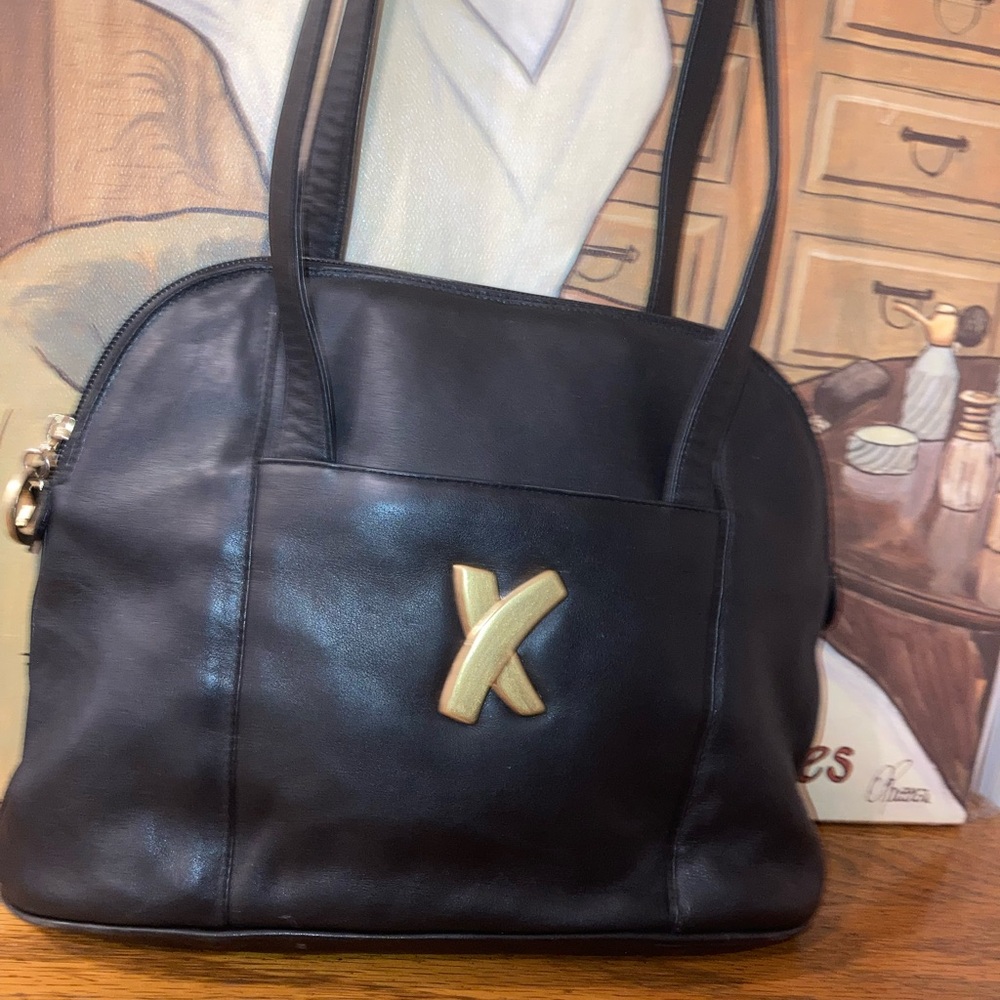 Paloma Picasso Vintage Italian Leather Shoulder Bag Black+ Gold Hardware EUC